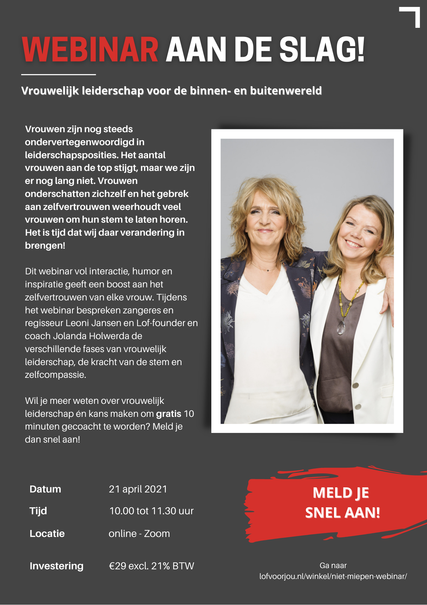 Poster webinar aan de slag! niet miepen!