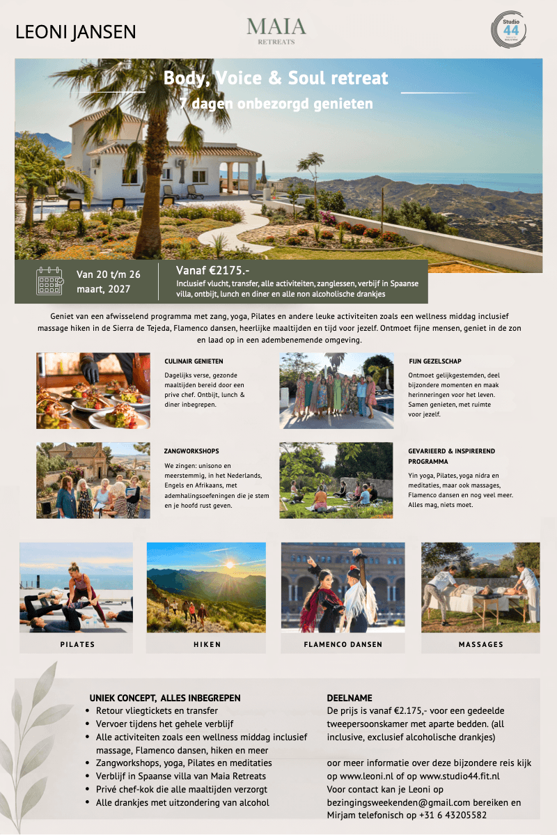 Flyer over Leoni Jansen die een workshop gaat geven in Malaga